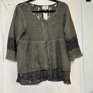 Elegant Gray Lace Trim Cardigan